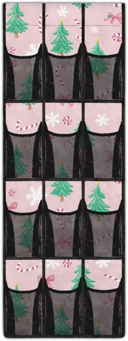Pink Christmas Tree Over The Door Organizer for Dorm Room Essentials Xmas Shoe Organizer Door Hanger for Living Room,Mesh Pockets with 4 Metal Hook