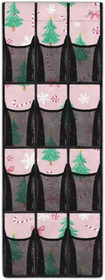 Pink Christmas Tree Over The Door Organizer for Dorm Room Essentials Xmas Shoe Organizer Door Hanger for Living Room, 4 Metal Hook