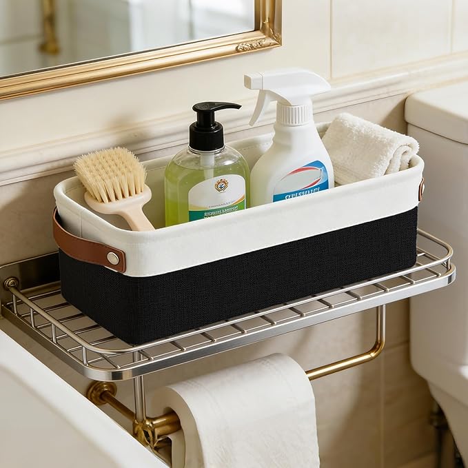Bagnizer Small Fabric Storage Baskets, 15x6x5 inch Narrow Storage Bins 4-Pack Long Storage Basket for Organizing with Handles, Decorative Basket for Closets, Shelves, Toilet Paper, Black
