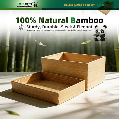 BAMOTTO CRAFTBAMBOO 2-Piece Large Bamboo Storage Box Set - 7.1in High Stackable Deep-Drawer Organizer, Lidless Bin for Kitchen Cutlery Utensils, Home & Office (14.6"x10.2"x7.1"+14.6"x10.2"x3.1")