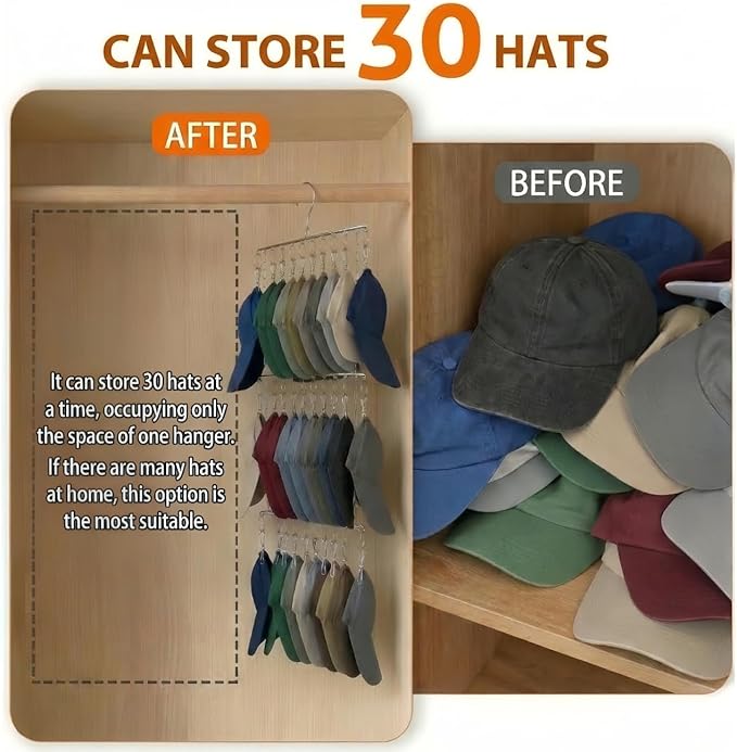 Closet Hat Organizer with 30 Clips, Foldable Hanging Storage Rack for Baseball Caps, Hat Rack