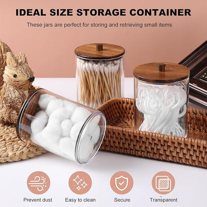 Temoyj 2 Pack Qtip Holder Dispenser with Wood Lids - 10 oz Clear Plastic Apothecary Jar Containers for Vanity Makeup Organizer Storage - Bathroom Accessories Set for Cotton Swab,Pads, Ball, Floss