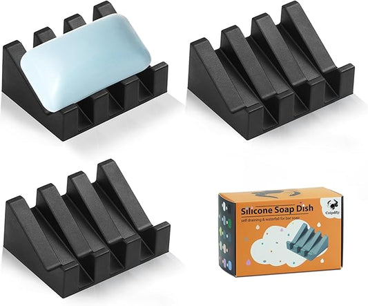 Self Draining Soap Dish Holder,Silicone Soap Dish,for Bathroom,Kitchen, Sponges，Can Extend Soap Life，Keep Soap Bars Dry and Easy Cleaning (N-Black,3-Pack)