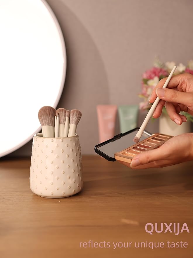 Ceramic Makeup Brush Holders, Farmhouse Bathroom Vanity and Countertop, Brushes Cup for Bathroom Cosmetics, Lipsticks, Vanity Desktop Storage (Vintage White)