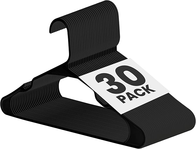 Simple Deluxe 30 Pack Lightweight Plastic Hangers, Space Saving Clothes Hangers with Non-Slip Shoulder Notches, Slim Closet Hanger for Coats, Sweater, Shirts, Pants, Black