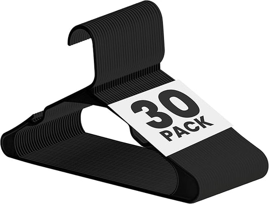 Simple Deluxe 30 Pack Lightweight Plastic Hangers, Space Saving Clothes Hangers with Non-Slip Shoulder Notches, Slim Closet Hanger for Coats, Sweater, Shirts, Pants, Black