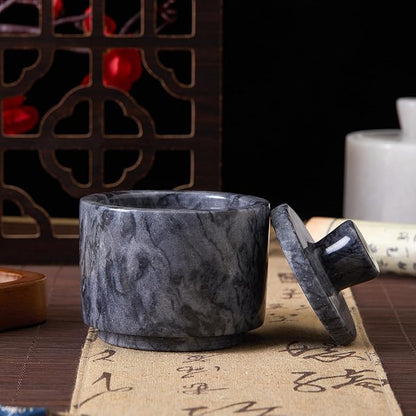 Natural Marble Salt Cellar with Lid, Stone Salt Bowl,Spice Jar,Handcrafted Seasoning Storage Box for Kitchen Container(Black)
