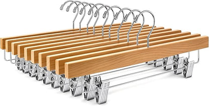 ZOBER Wooden Pants Hangers with Clips - 10 Pack Premium Solid Lotus Wood Skirt Hangers for Women, Heavy Duty Wooden Hanger with Adjustable Metal Grip Clips for Jeans and Shorts, Smooth Finish, Natural