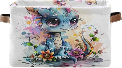 Large Storage Basket Cute Dragon Style Storage Bin Cube Canvas Fabric Organizer Handles Collapsible for Clothes Toys Bedroom Decorative