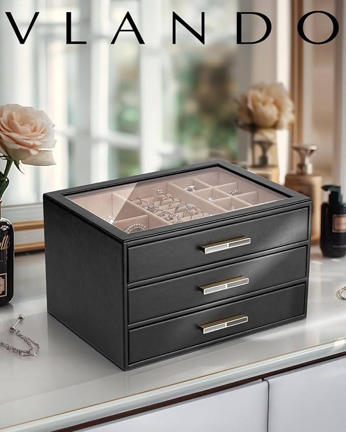 VLANDO Jewelry Box for Women, 3-Layer Jewelry Organizer with Drawers, Glass Lid Display Jewelry Storage, Soft PU Leather Exterior, Contrast Gold Metal Handles, Refined Style - Obsidian