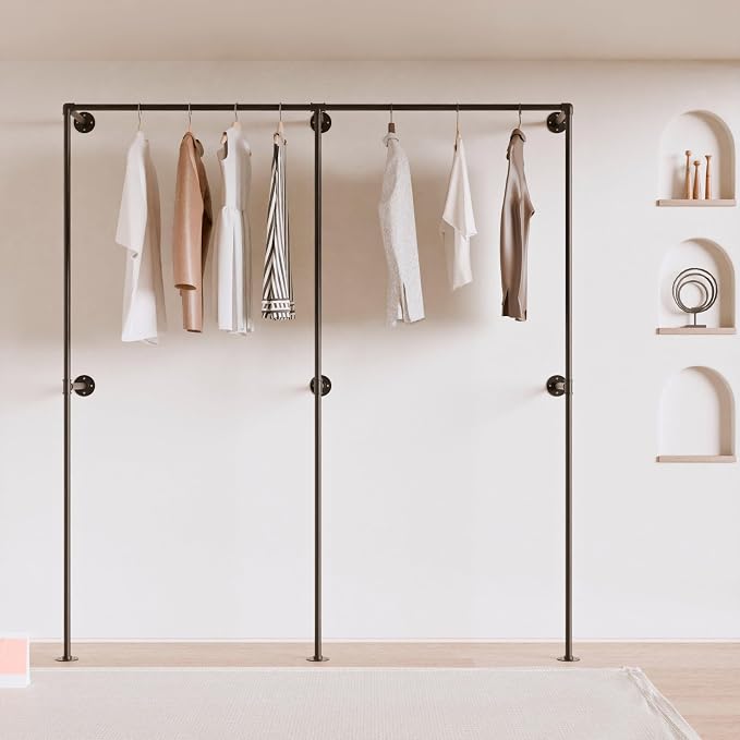 Black Industrial Pipe Clothing Rack 75" W Wall Mounted, Heavy Duty Iron Garment Rack 150 lbs per Rod, Open Closet Organizer for Bedroom Laundry Room Retail Display