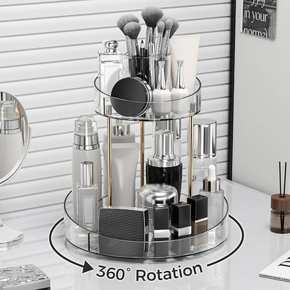2 tier Makeup Organizer Countertop,360 Rotating Makeup Organizer for Skincare, Lipstick and Perfumes,Multi-function Cosmetic Display Cases for Vanity,Bathroom,Transparent