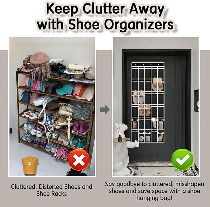 Kotkn Over the Door Shoe Organizer with 30 Breathable Mesh Pockets - Large Capacity Closet Storage for Men & Women, Hanging Shoe Rack Organizer (Black, 30-Pocket)