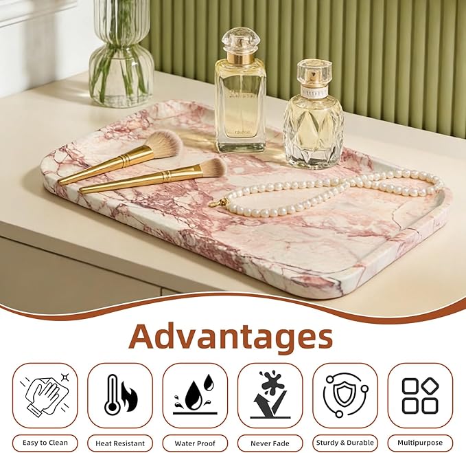 Yew & Tulip 14" x 8.5" Natural Marble Tray for Kitchen, Bathroom, Living Room – Serving/Decorative Vanity Tray for Jewelry, Candles, Decor (Pink)