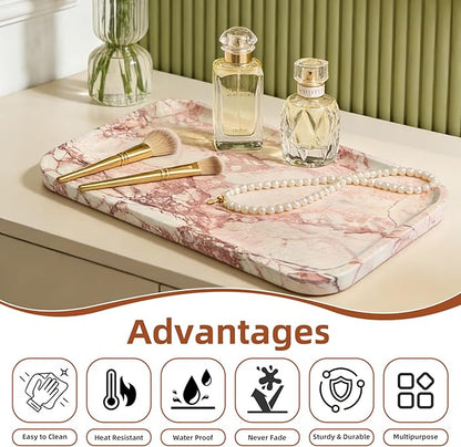 Yew & Tulip 14" x 8.5" Natural Marble Tray for Kitchen, Bathroom, Living Room – Serving/Decorative Vanity Tray for Jewelry, Candles, Decor (Pink)
