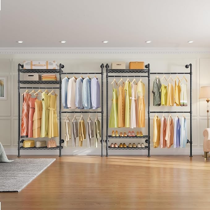 Timate F2 Industrial Pipe Clothes Rack Wall Mounted Clothing Rack for Hanging Clothes, Expandable Garment Racks Heavy Duty Wardrobe Closet Organizer and Storage, Black Adjustable Industrial Closet Kit