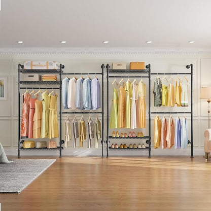 Timate F2 Industrial Pipe Clothes Rack Wall Mounted Clothing Rack for Hanging Clothes, Expandable Garment Racks Heavy Duty Wardrobe Closet Organizer and Storage, Black Adjustable Industrial Closet Kit