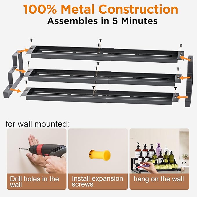 3-Tier Spice Rack Organizer for Kitchen Cabinet or Pantry, 16"-29" Expandable Spice Organization Shelf, Seasoning Organizer, Metal Display Shelf, Slip-Resistant Design for Jars and Bottles, Black