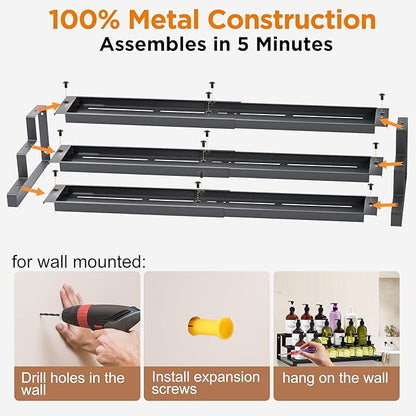 3-Tier Spice Rack Organizer for Kitchen Cabinet or Pantry, 16"-29" Expandable Spice Organization Shelf, Seasoning Organizer, Metal Display Shelf, Slip-Resistant Design for Jars and Bottles, Black
