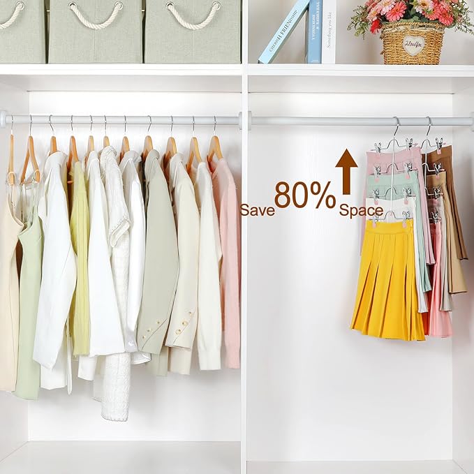 TOPIA HANGER 4 Tier Metal Skirt Hangers for Women, Pants Hanger Space Saving with Adjustable Clips, Gain 70% More Space, Non Slip Grip for Slacks, Trousers, Shorts, Jeans, Towels, Pink, 4-Pack, CT61P