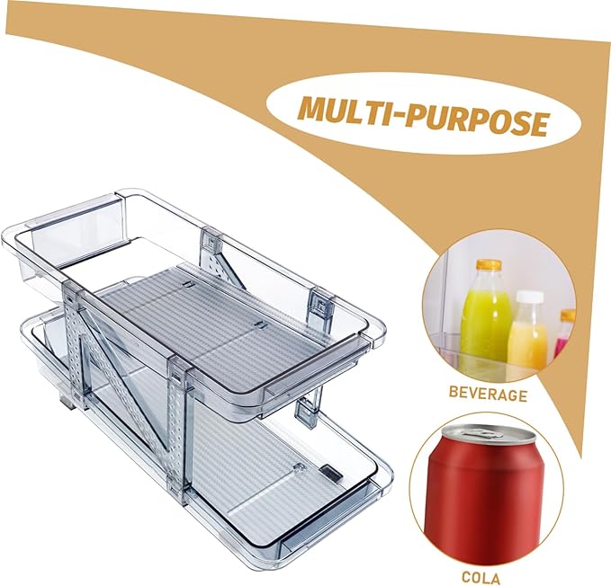 Mikinona Double Tier Can Organizer for Refrigerator Beverage Holder Rack for Easy Access Rolling Drinks Dispenser for Cans and Bottles for Soda Beer and Wine Storage