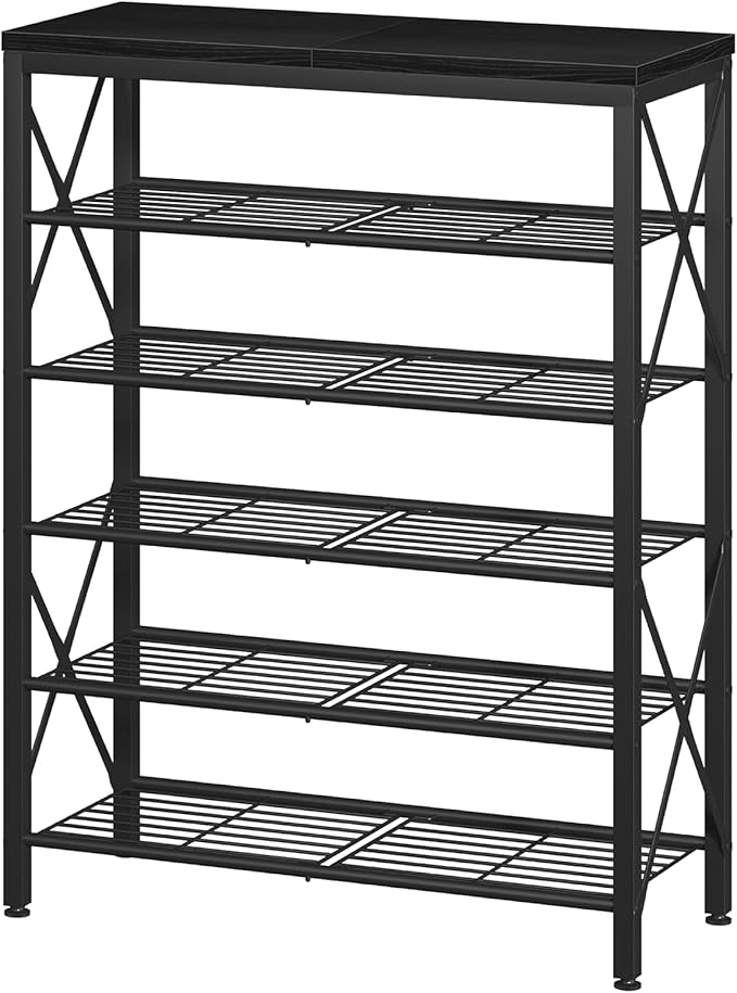6-Tier Shoe Rack, Metal Shoe Stand with Wooden Top & 4 X Frames, Holds up to 24 Pairs, Sturdy Shoe Shelf for Entryway Closet Garage, Black
