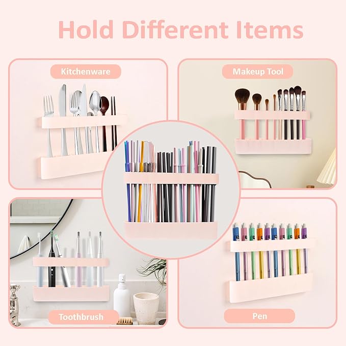 Strong Adhesive Backing Straw Storage Box, Split Type Silicone Straws Dispenser Adjustable Height Straw Holder for Cabinet (Pink)