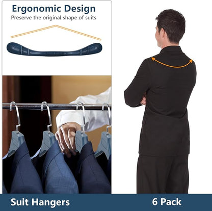 Suit Hangers for Men 6 Pack, Blue Coat Hangers Extra Wide Non Slip Width 17.7", Thick Plastic with Pants Bar & Metal Hook