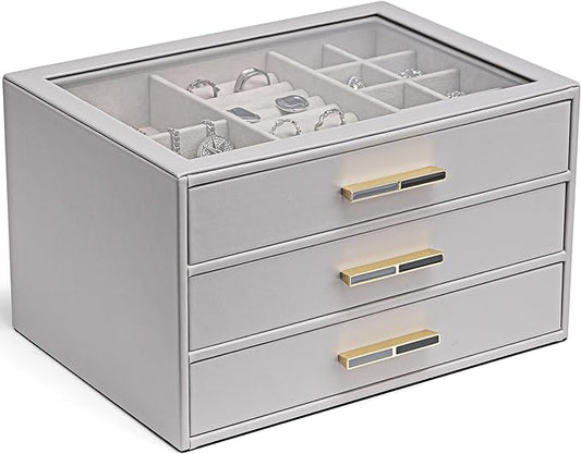 VLANDO Jewelry Box for Women, Glass Lid Jewelry Organizer with 3 Drawers for Necklaces Rings Earrings Bracelets - Grey
