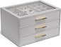 VLANDO Jewelry Box for Women, Glass Lid Jewelry Organizer with 3 Drawers for Necklaces Rings Earrings Bracelets - Grey