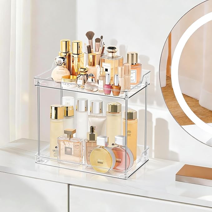 2 Tier Bathroom Counter Organizer, Clear Bathroom Counter Shelf for Vanity Countertop, Kitchen, Sink Storage, Tiered Skincare Organizer for Makeup, Perfume, Beauty Supplies (Rectangular)