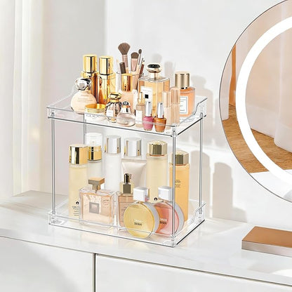 2 Tier Bathroom Counter Organizer, Clear Bathroom Counter Shelf for Vanity Countertop, Kitchen, Sink Storage, Tiered Skincare Organizer for Makeup, Perfume, Beauty Supplies (Rectangular)