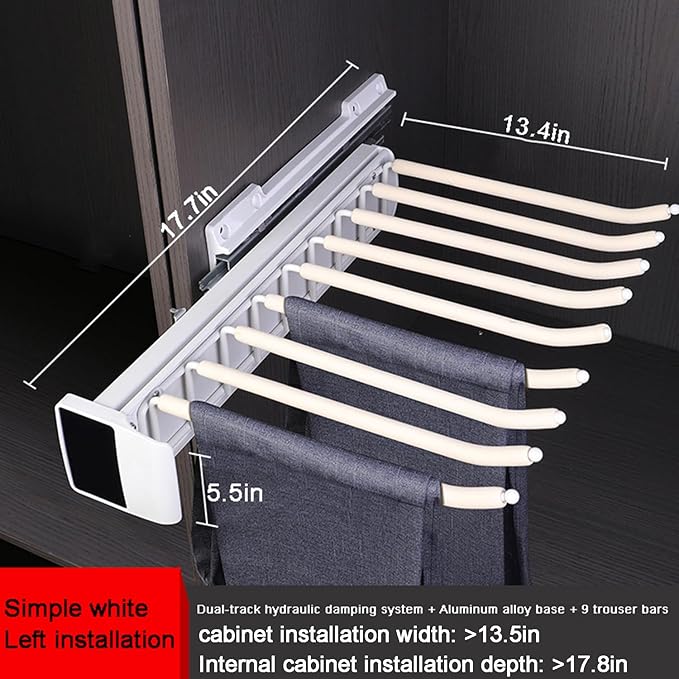 Pull Out Pants Rack, 9 Arms Aluminum Alloy Slid Pant Rack, Closet Pants Organizer Load 51lbs Pull Out Trousers Rack Sizes L 17.7in h 5.5 in w 13.4in (Left-Side Installation)