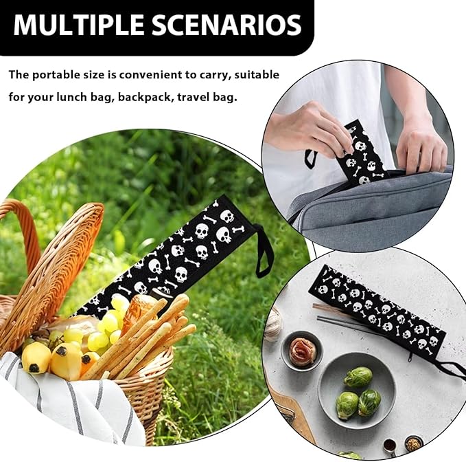 COEQINE Skull Portable Utensils Case Black Halloween Decoration Kitchen Decoration Foldable Cutlery Pouch Chopsticks Pouch With Zipper for Travel
