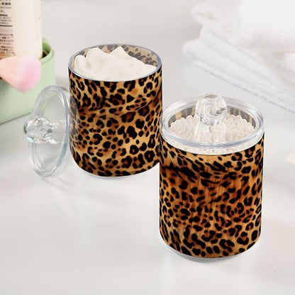 Kigai Leopard Print Qtip Holder - 14OZ Clear Plastic Apothecary Jars Bathroom Canister Dispenser Organizer Vanity Storage Jar with Lid for Cotton Ball, Cotton Swab, Floss (4PACK)