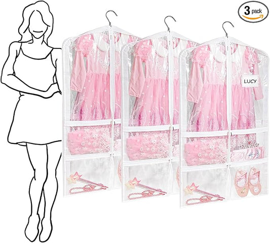 Stepstall PVC Clear Garment Bag, 40" Dance Costume Garment Bag for Dance Competitions with 5 Clear Zipper Pockets, Breathable Garment Bags for Hanging Clothes to Kids, Storage,Set of 3