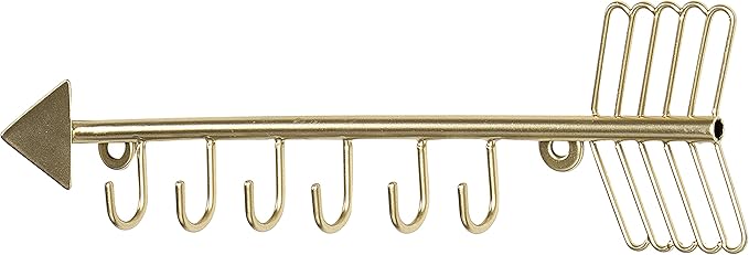 MyGift 12 Inch Wall Mounted Brass Tone Metal Arrow Shaped Jewelry Organizer, Hanging Accessories Storage Display Rack with 6 Hooks for Necklaces Bracelets Keys