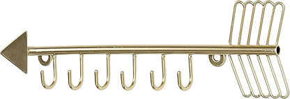 MyGift 12 Inch Wall Mounted Brass Tone Metal Arrow Shaped Jewelry Organizer, Hanging Accessories Storage Display Rack with 6 Hooks for Necklaces Bracelets Keys