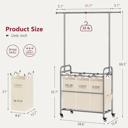 Tajsoon Laundry Hamper with Hanging Rack, 3 Section Laundry Sorter with Heavy Duty Lockable Wheels, Laundry Basket Organizer for Dirty Clothes Storage, 3 Beige