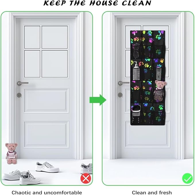 Paw Over The Door Shoe Organizers,Shoe Rack for Door,Hanger Storage Organizer for Closet,Classroom Headphone Storage with 12 Mesh Pockets,Breathable Storage Bag for Women