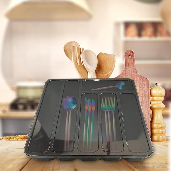 Cutlery Drawer Organizer, Silverware Organizer With Lid, Covered Utensil Tray For Kitchen Drawer And Countertop, Plastic Cutlery And Flatware Storage Box For Spoons Forks Holder Case, 6 Compartments