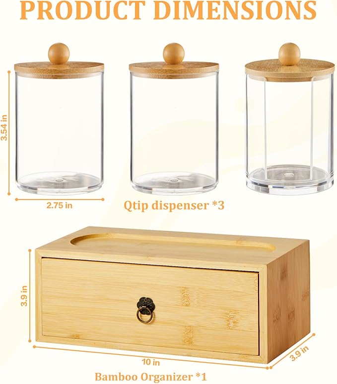 GNILLKO 3 Pack Qtip Holder Bathroom Set, Cotton Ball and Qtip Holder with Tray Drawer, Bathroom Jars with Lids Set for Cotton Ball Round Swab Pad Hair Ties Floss Perfume Jewelry