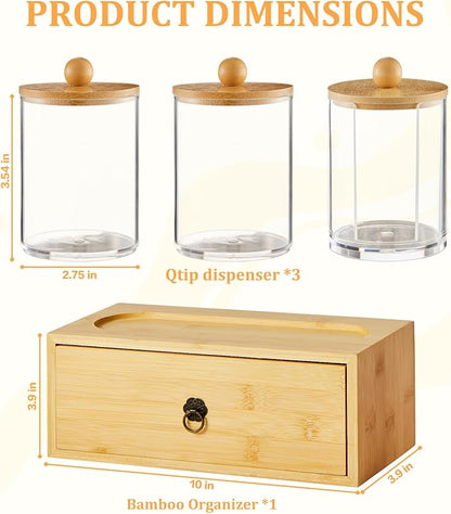 GNILLKO 3 Pack Qtip Holder Bathroom Set, Cotton Ball and Qtip Holder with Tray Drawer, Bathroom Jars with Lids Set for Cotton Ball Round Swab Pad Hair Ties Floss Perfume Jewelry