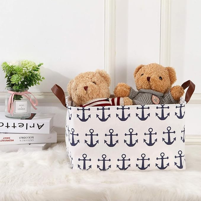 Collapsible Storage Basket with Handles, Waterproof Foldable Organizer Bin 15x10x9 Inches, Nautical Anchor Decor for Toys, Shelves, Home