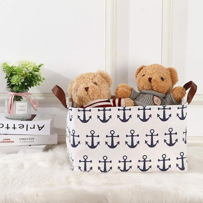 Collapsible Storage Basket with Handles, Waterproof Foldable Organizer Bin 15x10x9 Inches, Nautical Anchor Decor for Toys, Shelves, Home