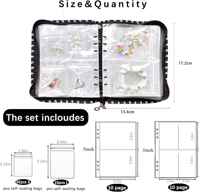 Jewelry Organizer Travel,Jewelry Storage Book with 45 Portable thick PVC pouches,Jewelry Organizer Zipper Bags for Necklaces Bracelet Rings and Earrings (front cover removable),Black
