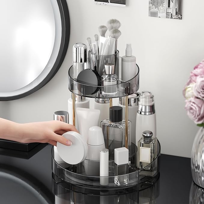 2 tier Makeup Organizer Countertop,360 Rotating Makeup Organizer for Skincare, Lipstick and Perfumes,Multi-function Cosmetic Display Cases for Vanity,Bathroom,Grey