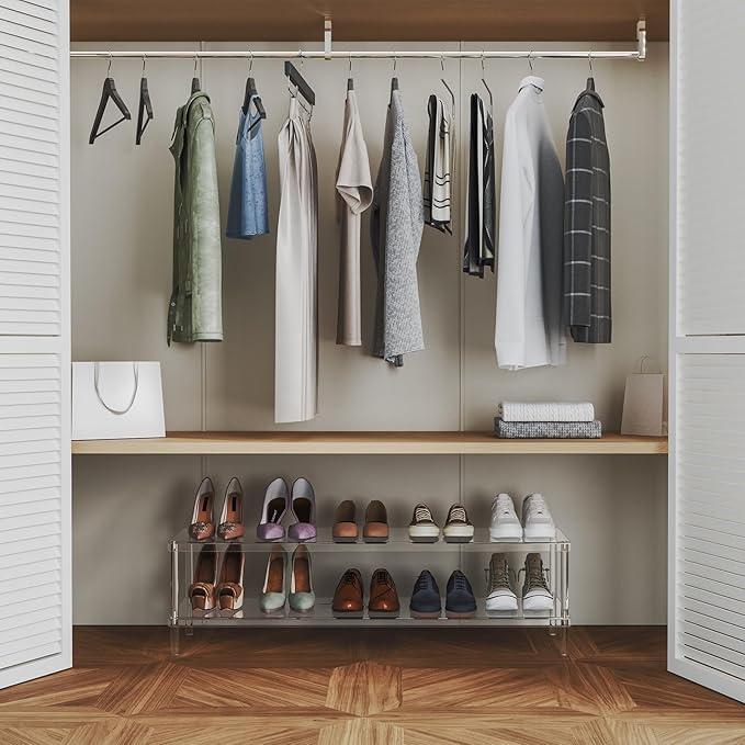 Aquiver Acrylic Long Shoe Rack - 2 Tier Shoe Organizer for Closet- Wide Shoe Shelf Clear Shoes Rack for Entryway, 42.7'' L x 11.8'' W x 12.2'' H, Easy Assembly & Clean