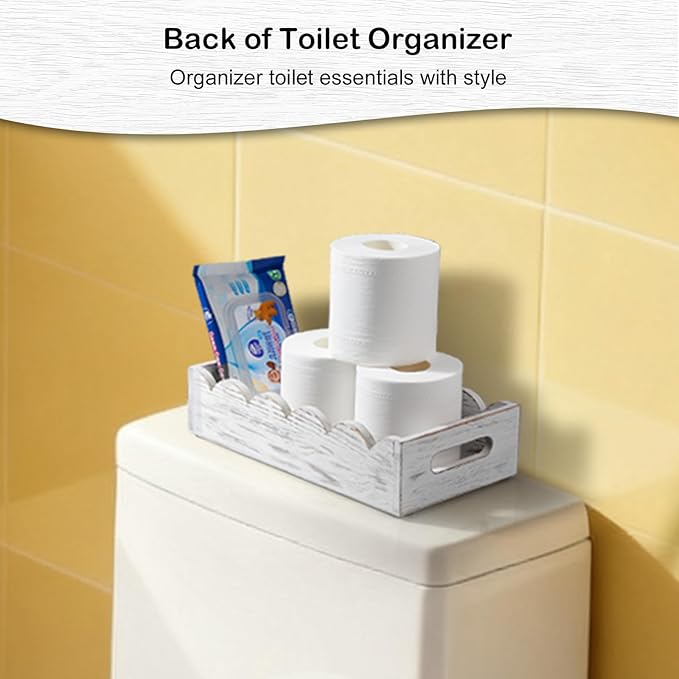 Bathroom Basket for Toilet Tank - White Wood Toilet Basket with Decorative Wavy Panels, Back of Toilet Organizer for Organizing Toilet Paper, Towels, and Bathroom Accessories