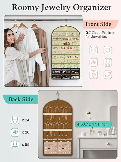 MATEIN Over the Door Jewelry Organizer with Travel Pouch, Double-Sided Hanging Necklace Earring Holder with Pockets, Large Jewelry Storage for Rings Bracelets, Beige-Brown